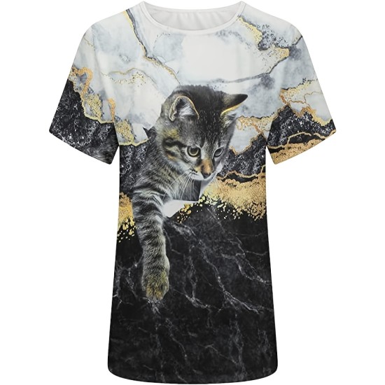 T shirt Tee Black White Blue Graphic Cat Print Short Sleeve Daily Weekend Vintage Round Neck Regular 3D Cat Painting S