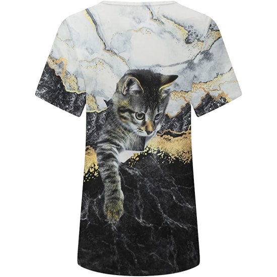 T shirt Tee Black White Blue Graphic Cat Print Short Sleeve Daily Weekend Vintage Round Neck Regular 3D Cat Painting S