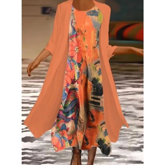 Dress Set Two Piece Dress Church Dress Midi Dress Orange 3/4 Length Sleeve Floral Print Summer Spring Crew Neck Fashion 2023 S M L XL XXL 3XL