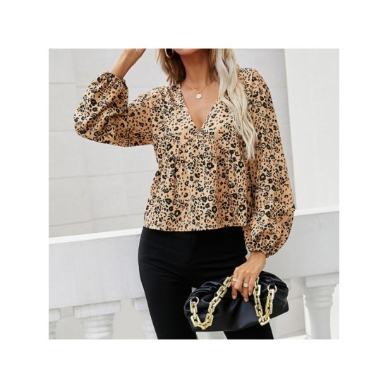 Casual Deep V-Neck Puff Sleeve Printed Blouses