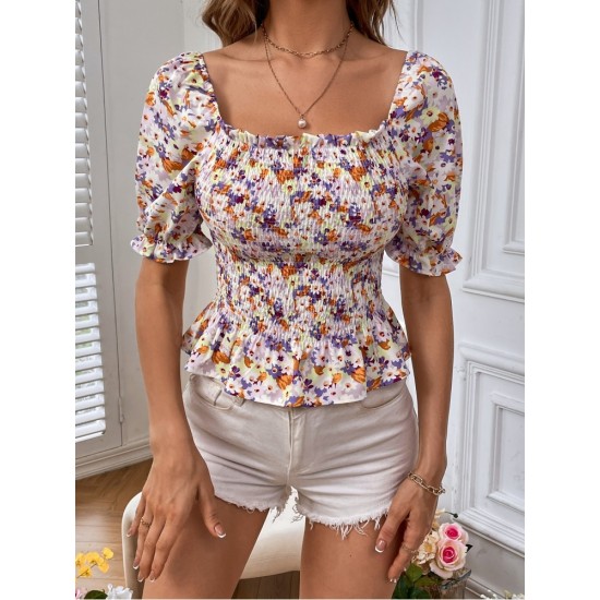 Summer Floral Puff Sleeve Ruffled Blouse