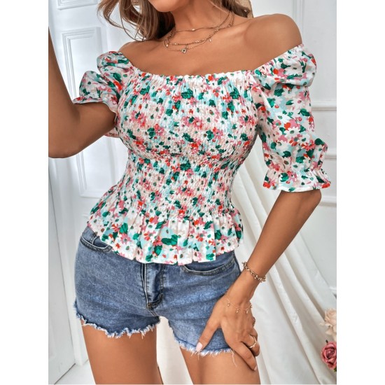 Summer Floral Puff Sleeve Ruffled Blouse