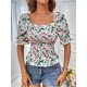 Summer Floral Puff Sleeve Ruffled Blouse