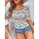 Summer Floral Puff Sleeve Ruffled Blouse