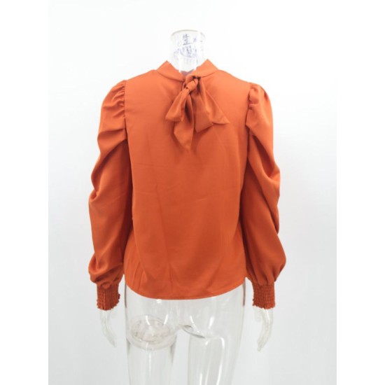 Mock Neck Tie Wrap Puff Sleeve Ladies Blouse