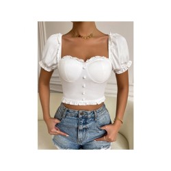 Women Solid Puff Short Sleeve Cropped Blouses