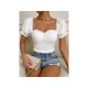 Women Solid Puff Short Sleeve Cropped Blouses