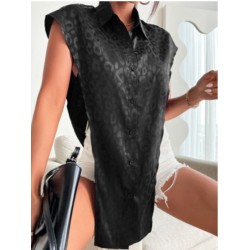 Stylish Black Leopard Button Up Blouse For Women