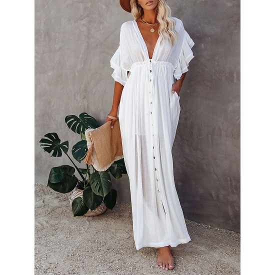 Long Dress Maxi Dress Casual Dress Swing Dress Pure Color Fashion Casual Outdoor Daily Vacation Ruffle Backless Short Sleeve V Neck Dress Loose Fit Green Black White Spring Summer One Size