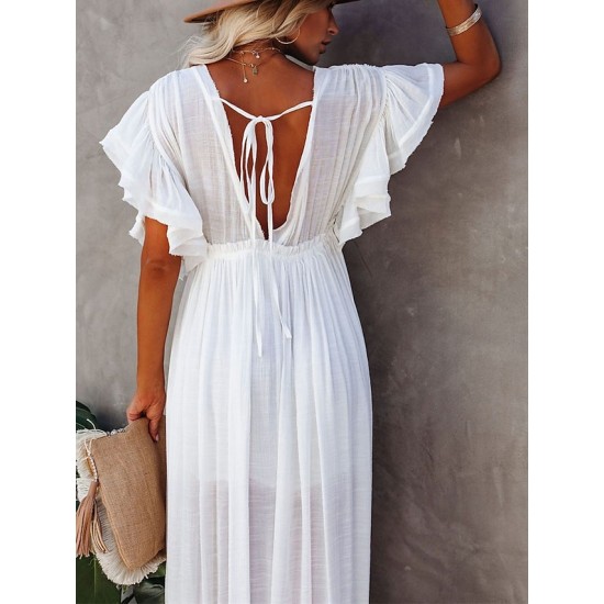 Long Dress Maxi Dress Casual Dress Swing Dress Pure Color Fashion Casual Outdoor Daily Vacation Ruffle Backless Short Sleeve V Neck Dress Loose Fit Green Black White Spring Summer One Size