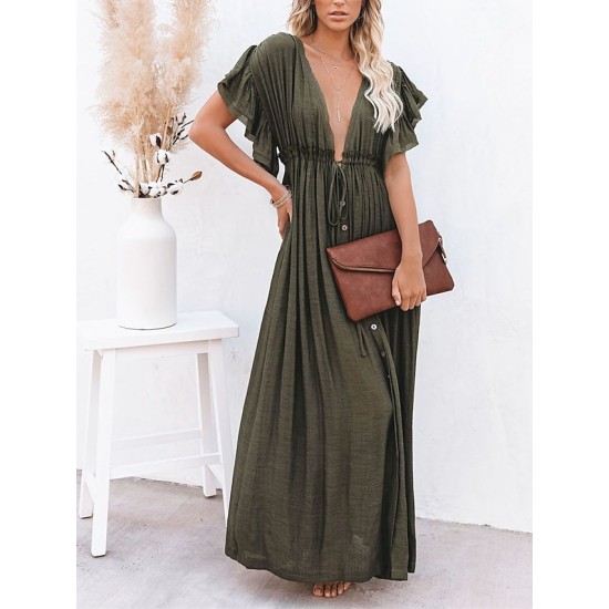 Long Dress Maxi Dress Casual Dress Swing Dress Pure Color Fashion Casual Outdoor Daily Vacation Ruffle Backless Short Sleeve V Neck Dress Loose Fit Green Black White Spring Summer One Size