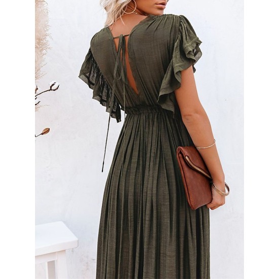 Long Dress Maxi Dress Casual Dress Swing Dress Pure Color Fashion Casual Outdoor Daily Vacation Ruffle Backless Short Sleeve V Neck Dress Loose Fit Green Black White Spring Summer One Size