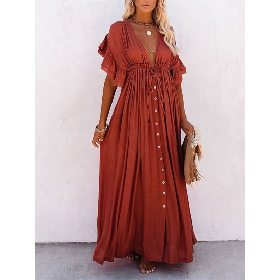 Long Dress Maxi Dress Casual Dress Swing Dress Pure Color Fashion Casual Outdoor Daily Vacation Ruffle Backless Short Sleeve V Neck Dress Loose Fit Green Black White Spring Summer One Size