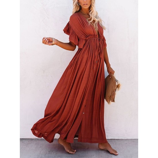 Long Dress Maxi Dress Casual Dress Swing Dress Pure Color Fashion Casual Outdoor Daily Vacation Ruffle Backless Short Sleeve V Neck Dress Loose Fit Green Black White Spring Summer One Size