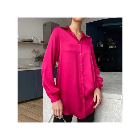 Fashion Solid Long Sleeve Drape Satin Blouses