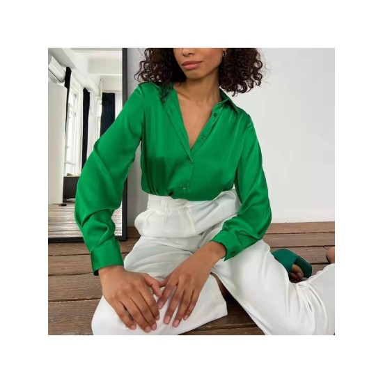 Fashion Solid Long Sleeve Drape Satin Blouses