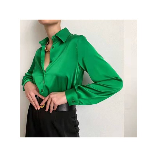 Fashion Solid Long Sleeve Drape Satin Blouses