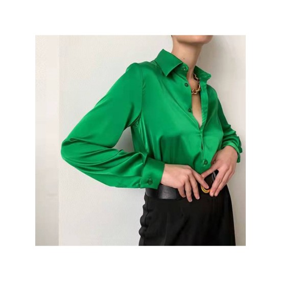 Fashion Solid Long Sleeve Drape Satin Blouses