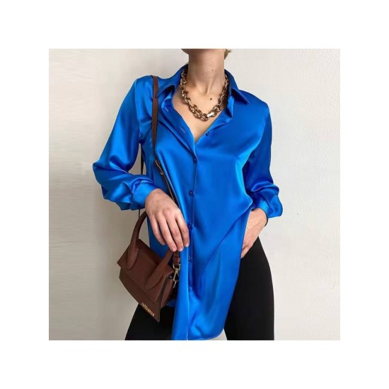 Fashion Solid Long Sleeve Drape Satin Blouses