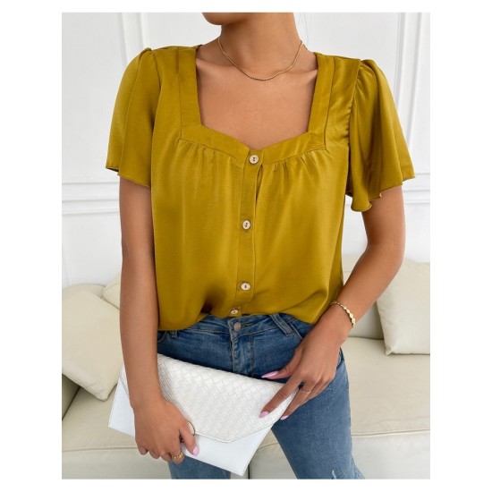 Solid Color Square Neck Ruffled Sleeve Ladies Top