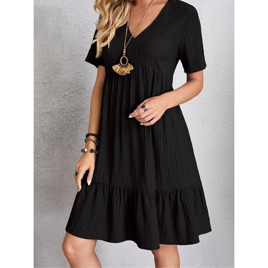 Casual Dress Shift Dress Plain Dress Plain Ruffle V Neck Midi Dress Basic Classic Outdoor Daily Short Sleeve Loose Fit Black Pink Red Spring Summer S M L XL XXL