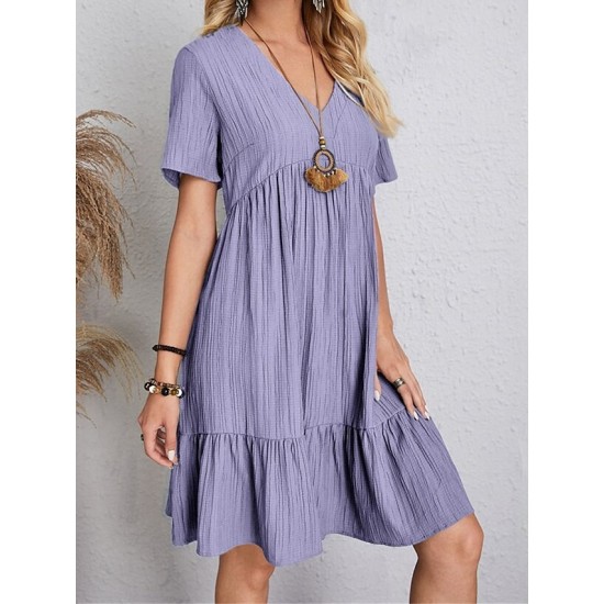 Casual Dress Shift Dress Plain Dress Plain Ruffle V Neck Midi Dress Basic Classic Outdoor Daily Short Sleeve Loose Fit Black Pink Red Spring Summer S M L XL XXL