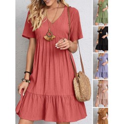 Casual Dress Shift Dress Plain Dress Plain Ruffle V Neck Midi Dress Basic Classic Outdoor Daily Short Sleeve Loose Fit Black Pink Red Spring Summer S M L XL XXL