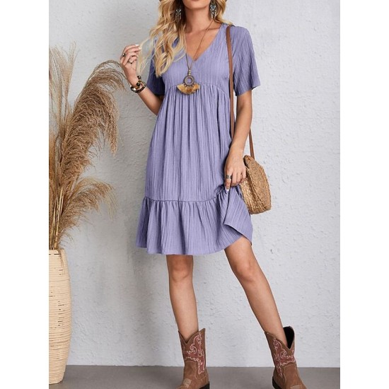 Casual Dress Shift Dress Plain Dress Plain Ruffle V Neck Midi Dress Basic Classic Outdoor Daily Short Sleeve Loose Fit Black Pink Red Spring Summer S M L XL XXL