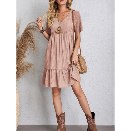 Casual Dress Shift Dress Plain Dress Plain Ruffle V Neck Midi Dress Basic Classic Outdoor Daily Short Sleeve Loose Fit Black Pink Red Spring Summer S M L XL XXL