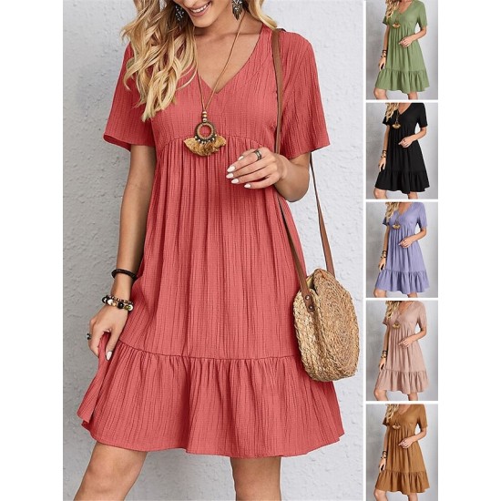 Casual Dress Shift Dress Plain Dress Plain Ruffle V Neck Midi Dress Basic Classic Outdoor Daily Short Sleeve Loose Fit Black Pink Red Spring Summer S M L XL XXL