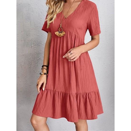 Casual Dress Shift Dress Plain Dress Plain Ruffle V Neck Midi Dress Basic Classic Outdoor Daily Short Sleeve Loose Fit Black Pink Red Spring Summer S M L XL XXL