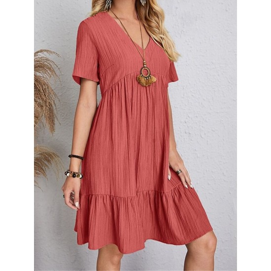 Casual Dress Shift Dress Plain Dress Plain Ruffle V Neck Midi Dress Basic Classic Outdoor Daily Short Sleeve Loose Fit Black Pink Red Spring Summer S M L XL XXL