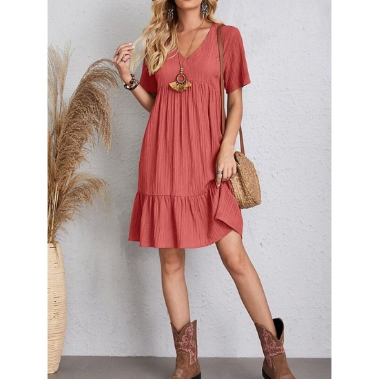 Casual Dress Shift Dress Plain Dress Plain Ruffle V Neck Midi Dress Basic Classic Outdoor Daily Short Sleeve Loose Fit Black Pink Red Spring Summer S M L XL XXL