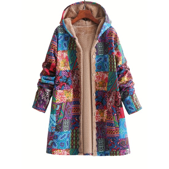 Cozy Plus Size Hooded Coat with Floral Design – Womens Soft Fleece Outerwear for Fall & Winter