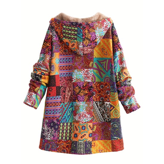 Cozy Plus Size Hooded Coat with Floral Design – Womens Soft Fleece Outerwear for Fall & Winter