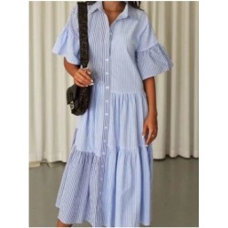 Women Asymmetric Colorblock Striped Single-breasted Long Dress