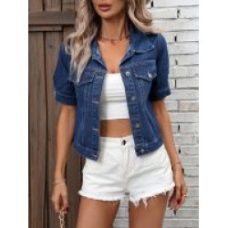 Vintage Chic Flap Pocket Denim Coat – Soft Lapel, Plain Washed Blue, Single-Breasted, Short Sleeve, Relaxed Fit, Women Fashionable Jeans Jacket for Casual Daily Wear – Mallcopilot fashion women's clothings and shoes outlet factory store