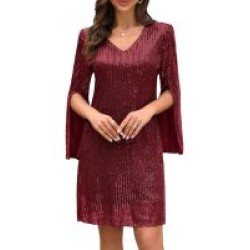 Sequined V Neck Bridesmaid Dress, Elegant Split Sleeve Dress For Wedding Party, Women Clothing – Mallcopilot fashion women's clothings and shoes outlet factory store