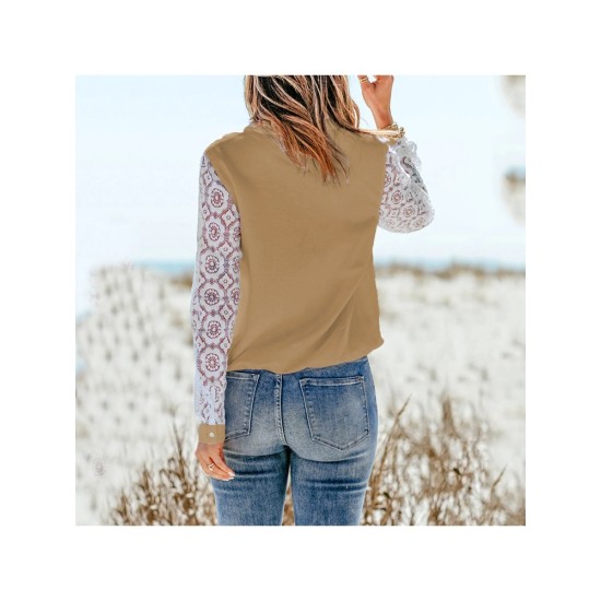 Patchwork Long Sleeve V Neck Blouse For Women