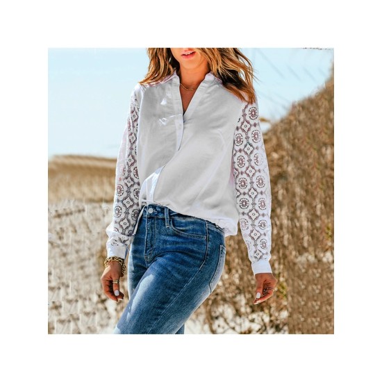 Patchwork Long Sleeve V Neck Blouse For Women