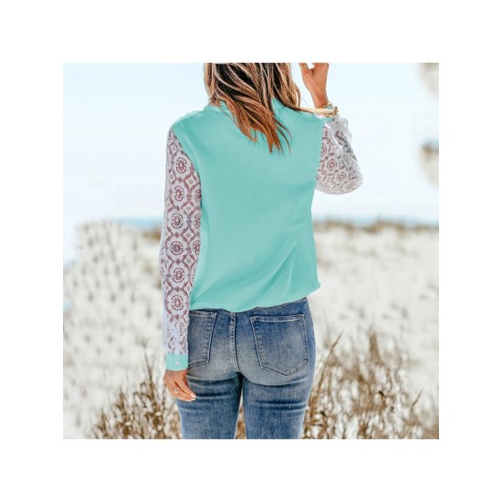 Patchwork Long Sleeve V Neck Blouse For Women