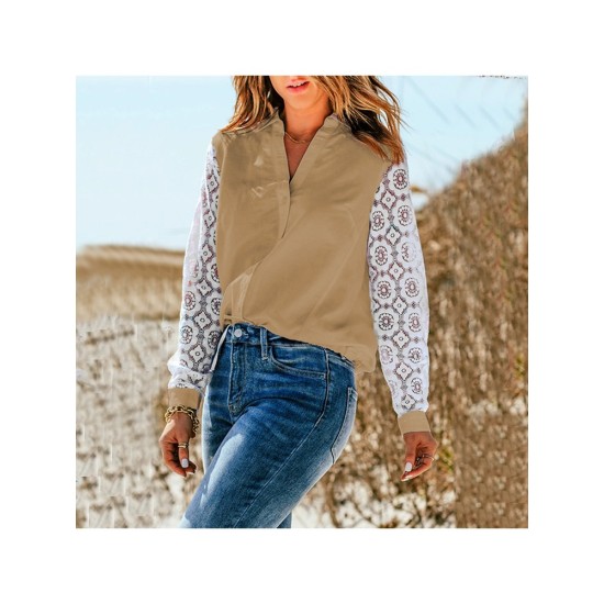 Patchwork Long Sleeve V Neck Blouse For Women