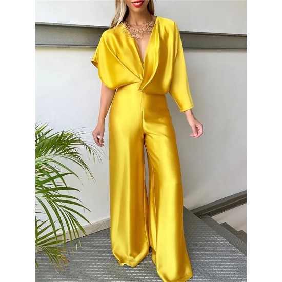 Jumpsuit High Waist Solid Color V Neck Elegant Party Cocktail Party Regular Fit Short Sleeve White Yellow Pink S M L Spring