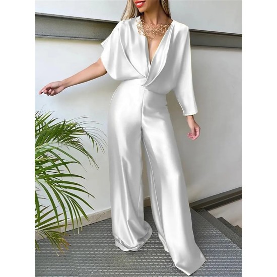 Jumpsuit High Waist Solid Color V Neck Elegant Party Cocktail Party Regular Fit Short Sleeve White Yellow Pink S M L Spring