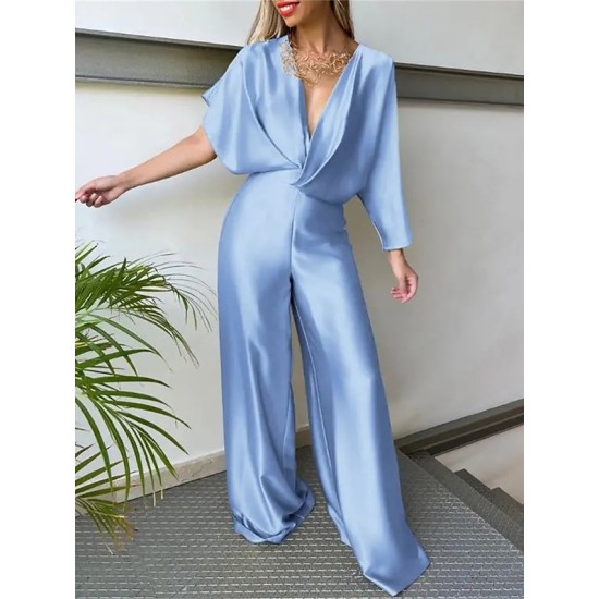 Jumpsuit High Waist Solid Color V Neck Elegant Party Cocktail Party Regular Fit Short Sleeve White Yellow Pink S M L Spring