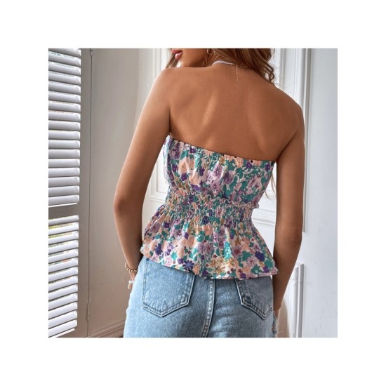 Sexy Style Ruched Flower Printing Women’s Top