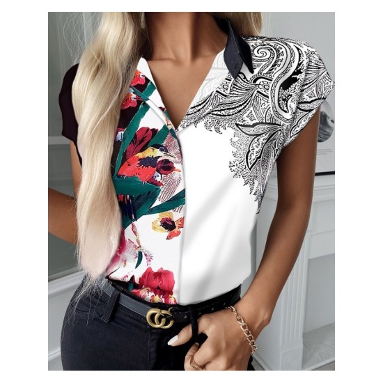 Casual Women’s Printed Short Sleeve Lapel Blouse