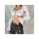 Sexy Low Cut Pure Color Flare Sleeve Crop Top