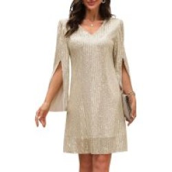 Sequined V Neck Bridesmaid Dress, Elegant Solid Color Split Sleeve Above Knee Dress, Women Clothing – Mallcopilot fashion women's clothings and shoes outlet factory store