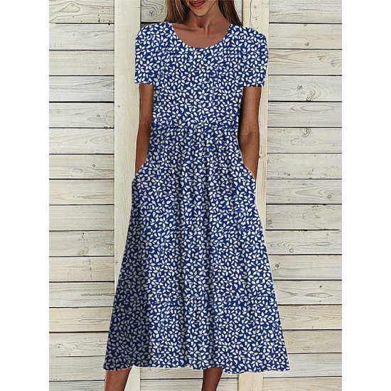 Casual Dress Floral Dress Summer Dress Floral Ditsy Floral Pocket Print Crew Neck Midi Dress Fashion Streetwear Outdoor Daily Short Sleeve Loose Fit Navy Blue Royal Blue Blue Summer Spring S